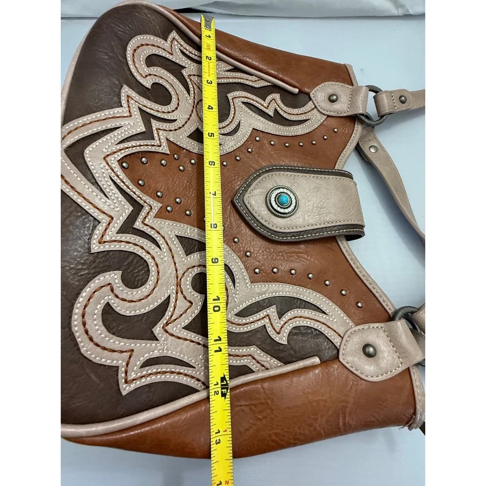 Montana West Western Tooled Shoulder Bag Tote Brown Tan Turquoise Concho Large